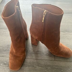 J. McLaughlin brown suede boots, 3-inch stacked heel